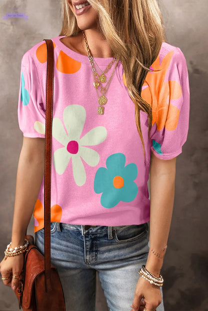 White Bowknot Print Bubble Sleeve Tee Aaria Tees