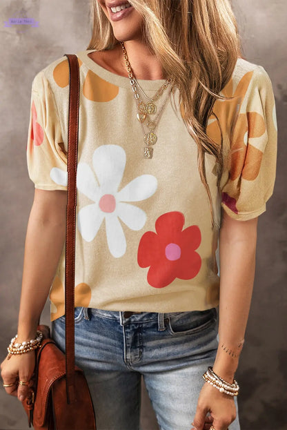 White Bowknot Print Bubble Sleeve Tee Aaria Tees