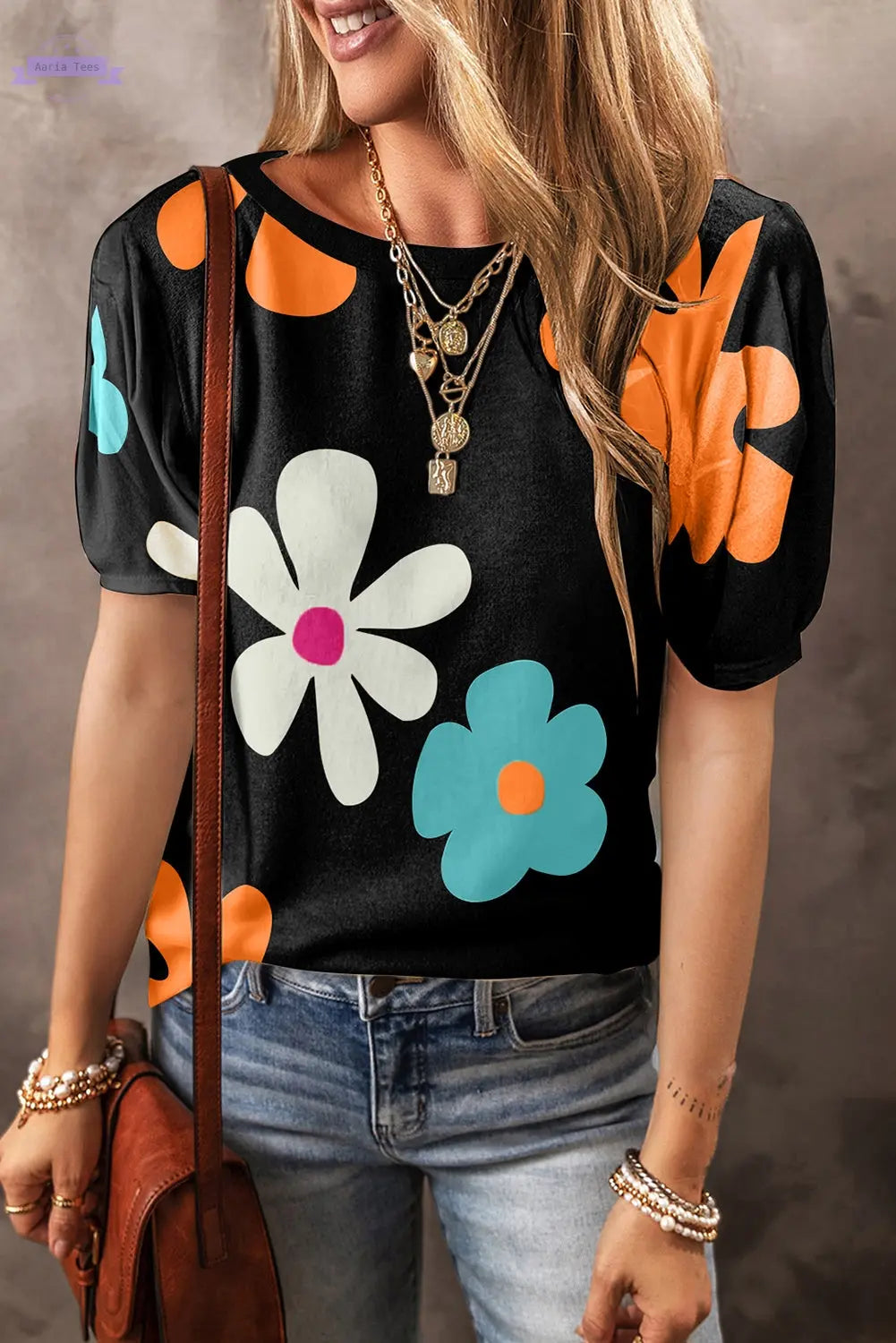 White Bowknot Print Bubble Sleeve Tee Aaria Tees Aaria Tees