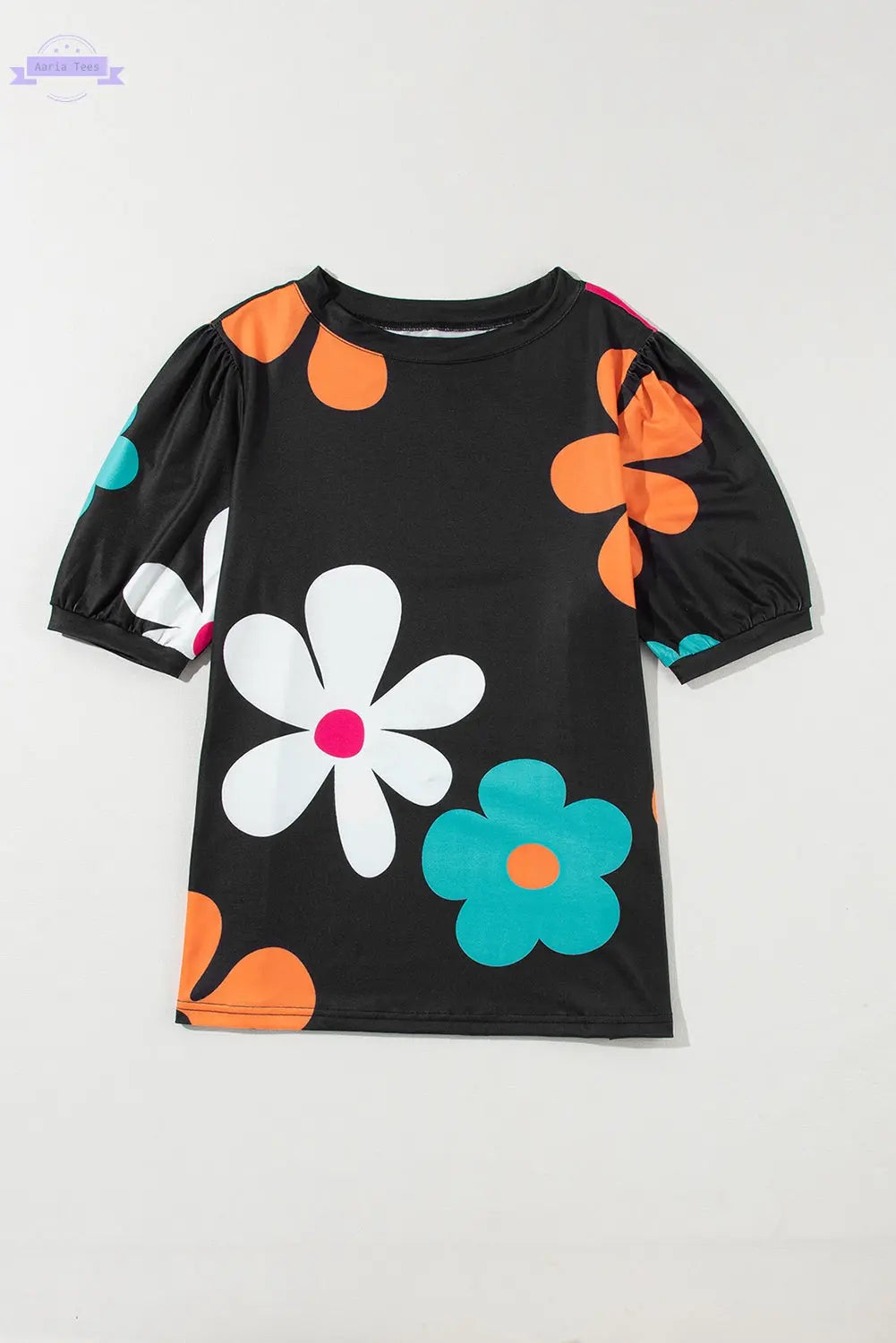White Bowknot Print Bubble Sleeve Tee Aaria Tees