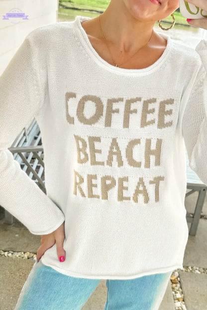 White COFFEE BEACH REPEAT Graphic Sweater - Aaria Tees