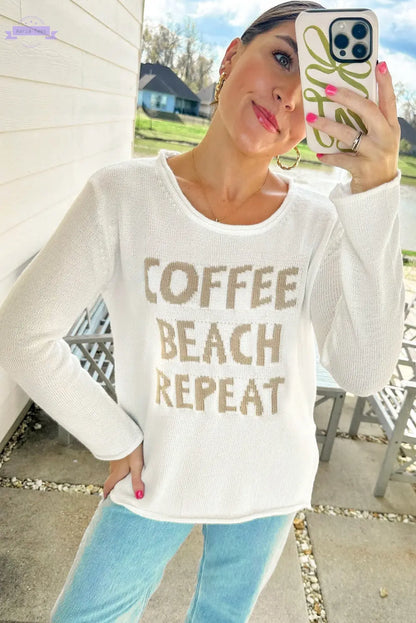 White COFFEE BEACH REPEAT Graphic Sweater - Aaria Tees