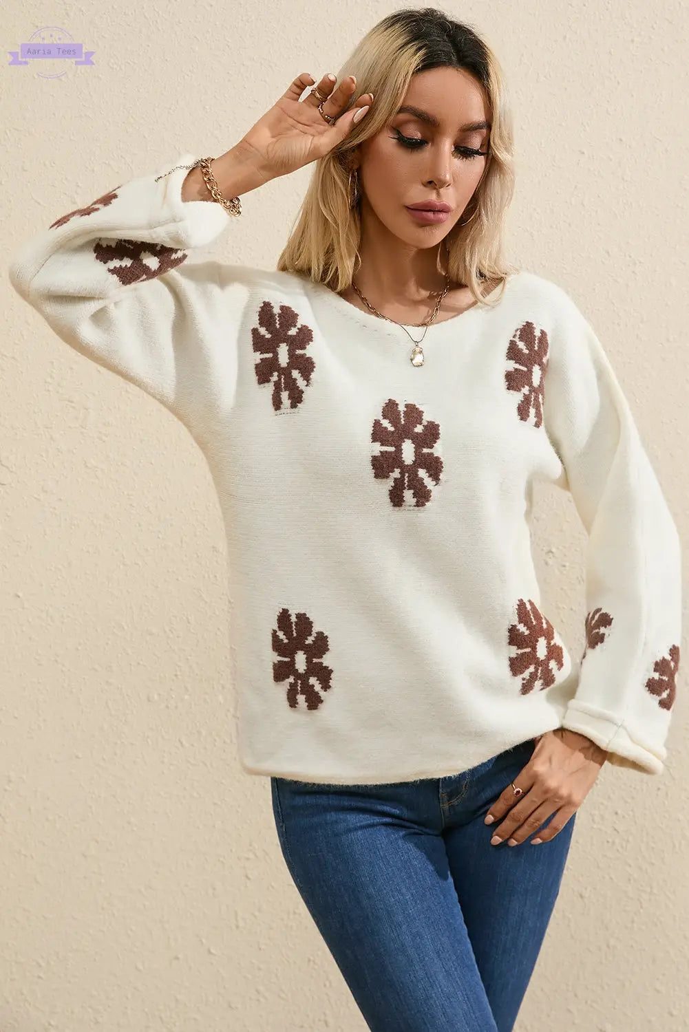 White Colorblock Floral Pattern Round Neck Sweater Aaria Tees