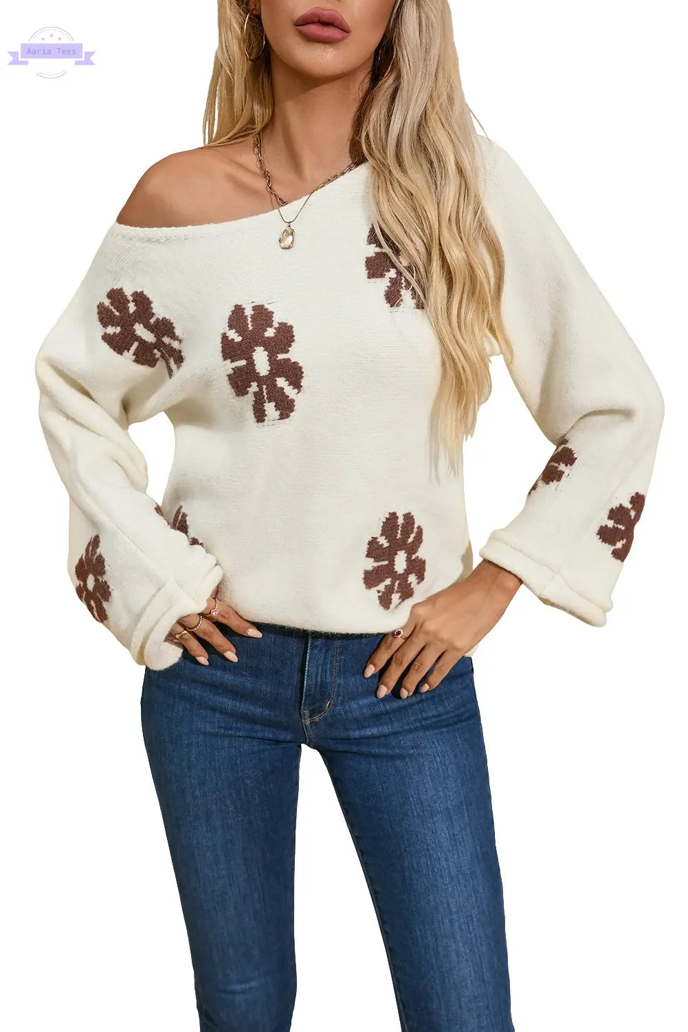 White Colorblock Floral Pattern Round Neck Sweater Aaria Tees