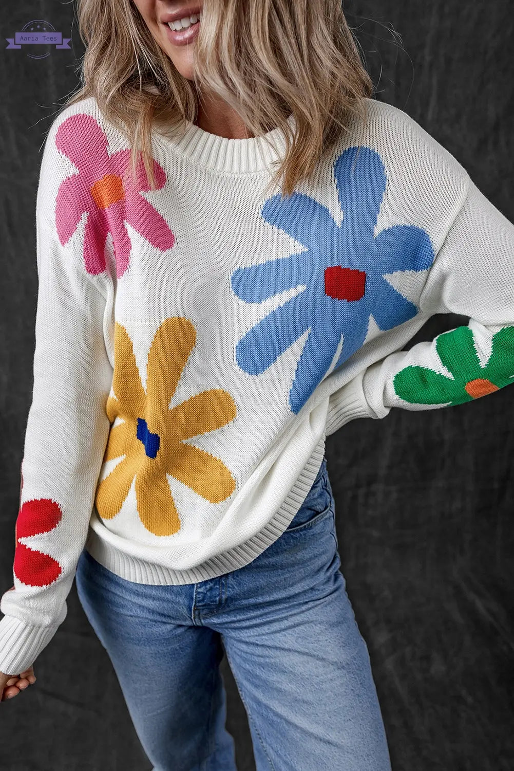 White Colorful Big Flower Pattern Crewneck Sweater - Aaria Tees