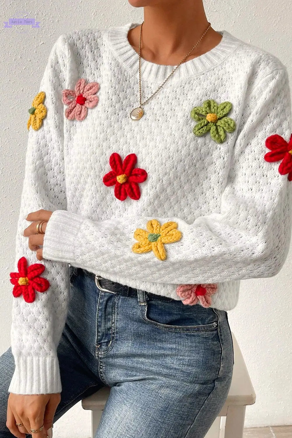 White Colorful Flower Applique Textured Knit Sweater - Aaria Tees