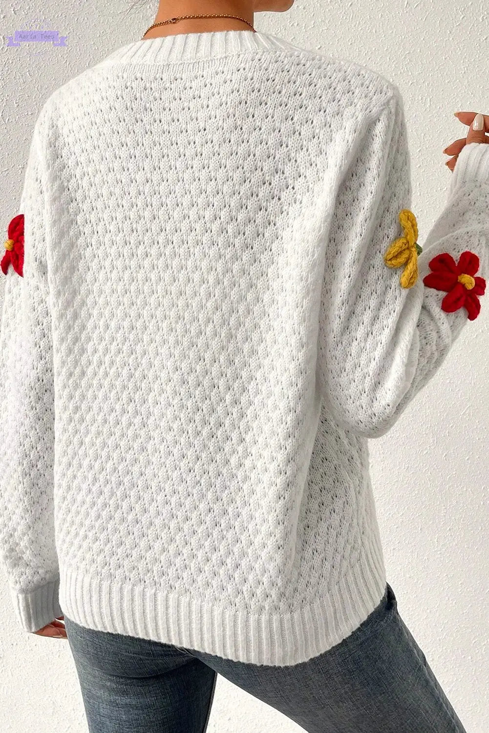 White Colorful Flower Applique Textured Knit Sweater - Aaria Tees