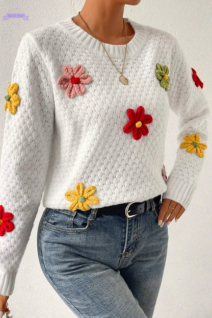 White Colorful Flower Applique Textured Knit Sweater - Aaria Tees