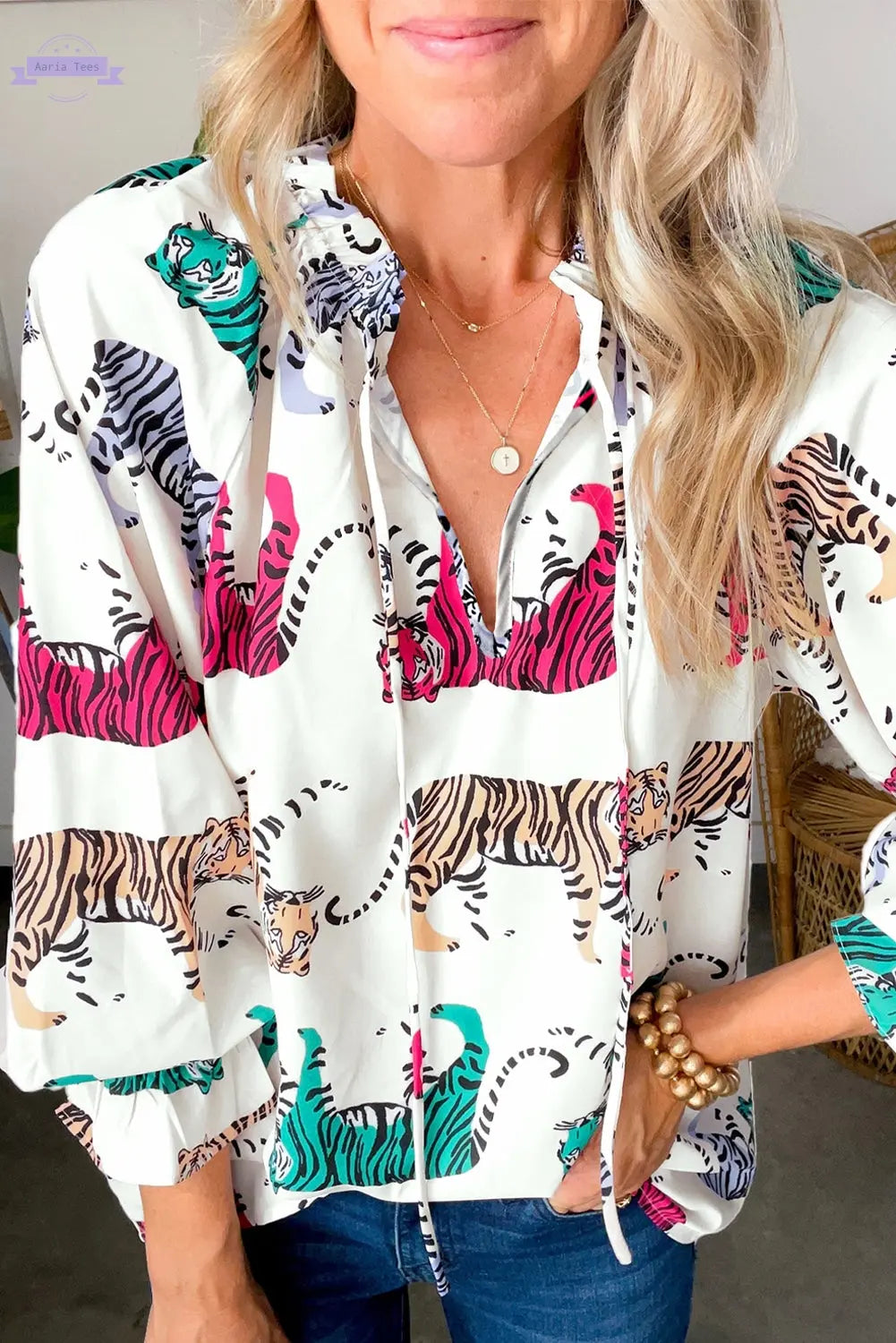 White Colorful Tiger Print Ruffled Lantern Sleeve Blouse Aaria Tees