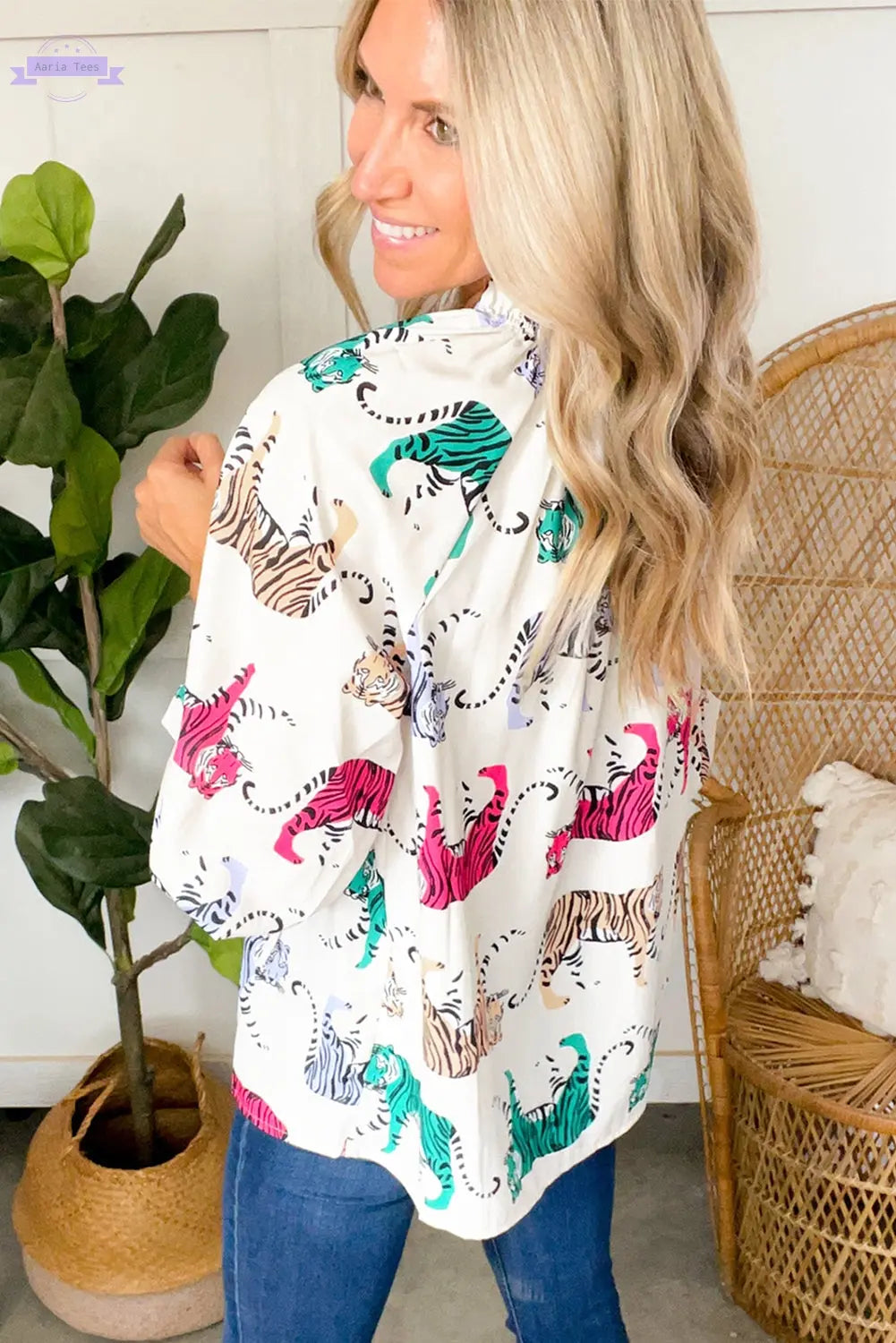 White Colorful Tiger Print Ruffled Lantern Sleeve Blouse Aaria Tees