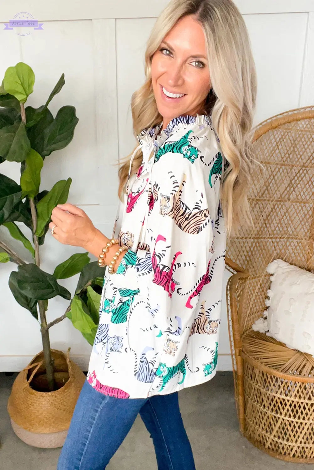 White Colorful Tiger Print Ruffled Lantern Sleeve Blouse Aaria Tees