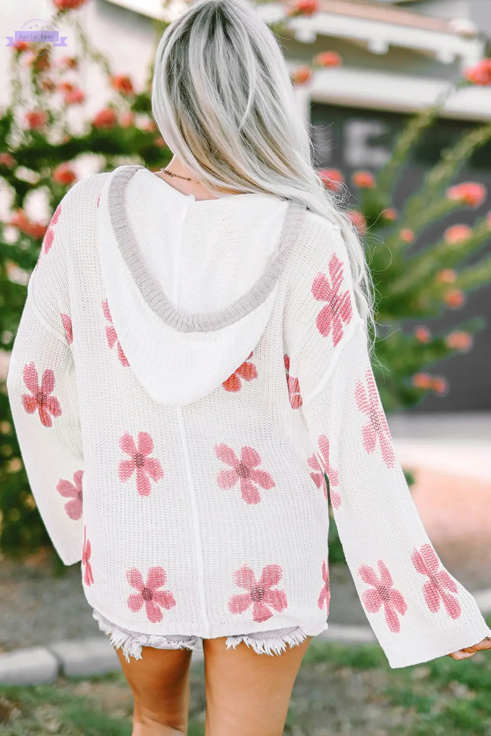 White Floral Print Lightweight Knit Hooded Sweater - Aaria Tees