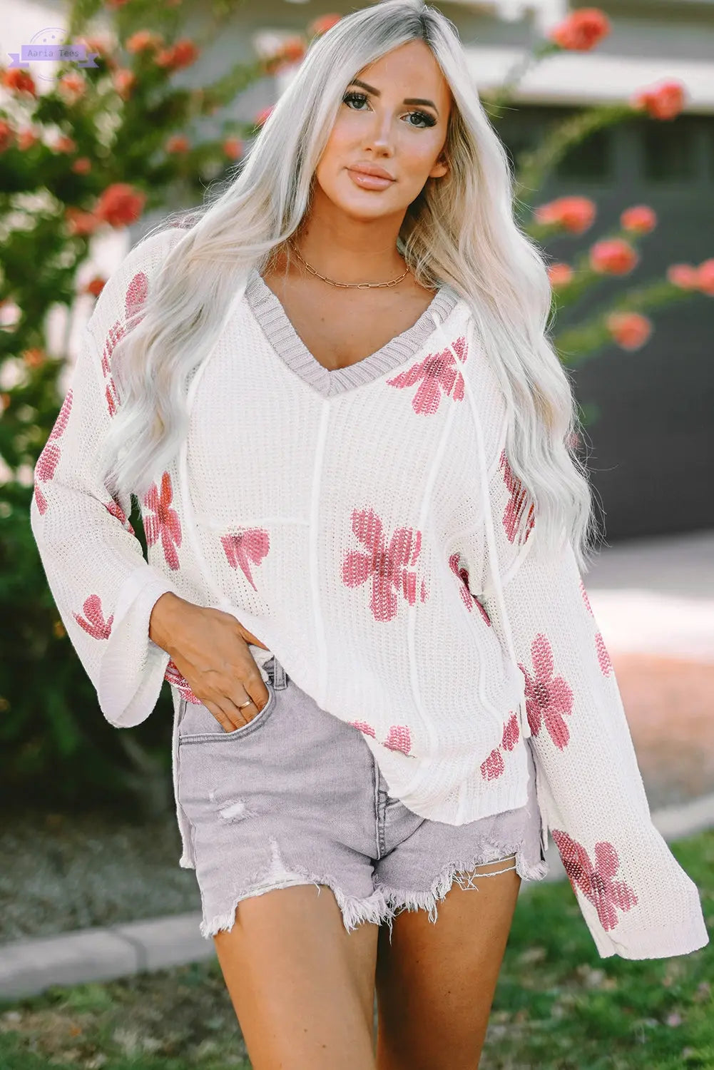 White Floral Print Lightweight Knit Hooded Sweater - Aaria Tees