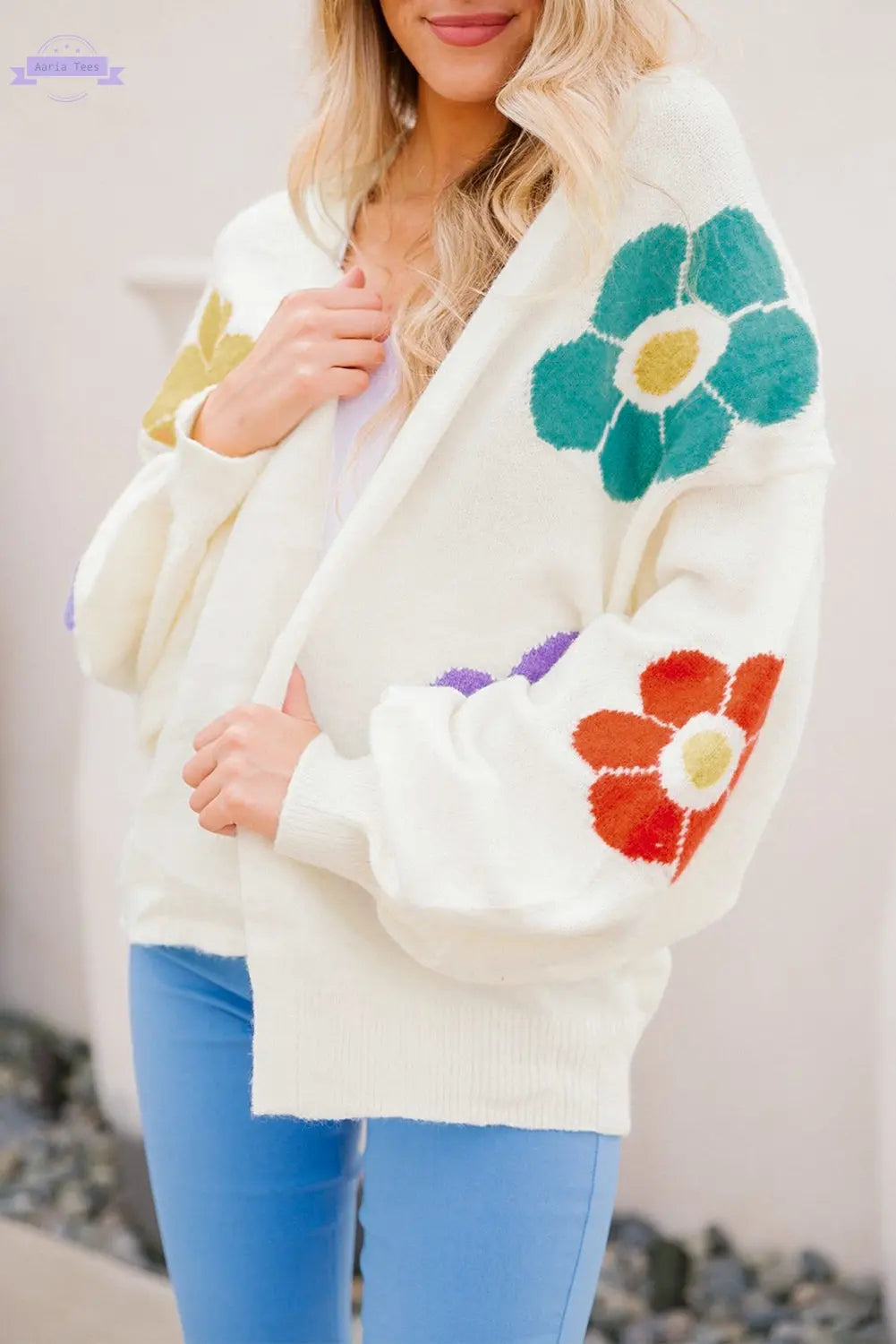 White Flower Jacquared Bubble Sleeve Open Cardigan - Aaria Tees