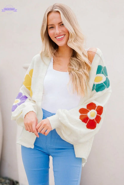 White Flower Jacquared Bubble Sleeve Open Cardigan - Aaria Tees