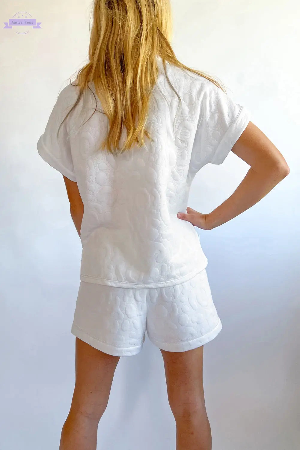 White Leopard Jacquard Quarter Zip Tee and Shorts Set Aaria Tees