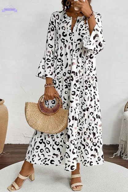 White Leopard Print Notch V Neck Loose Fit Maxi Dress Aaria Tees