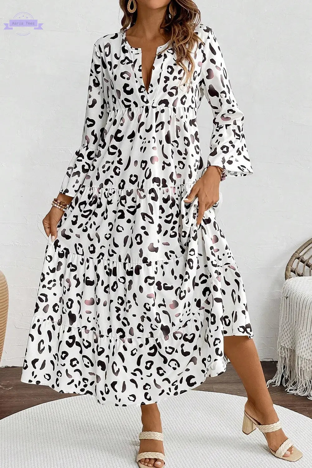 White Leopard Print Notch V Neck Loose Fit Maxi Dress Aaria Tees Aaria Tees