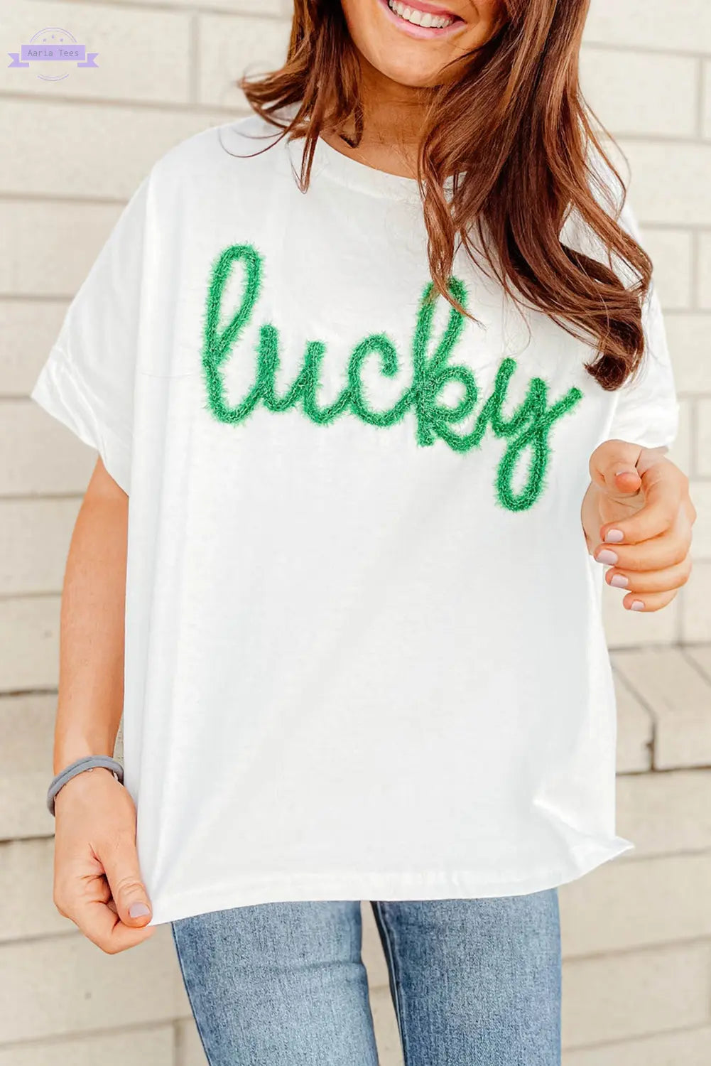 White Lucky Tinsel Graphic St Patrick Fashion Tee Aaria Tees