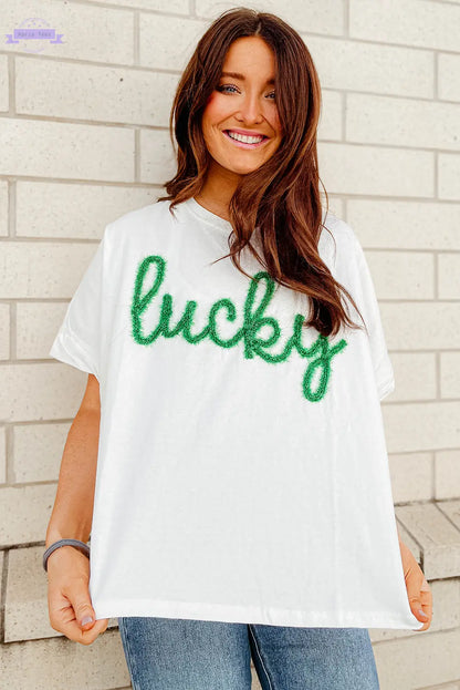 White Lucky Tinsel Graphic St Patrick Fashion Tee Aaria Tees