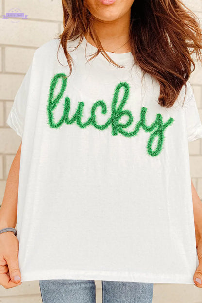 White Lucky Tinsel Graphic St Patrick Fashion Tee Aaria Tees