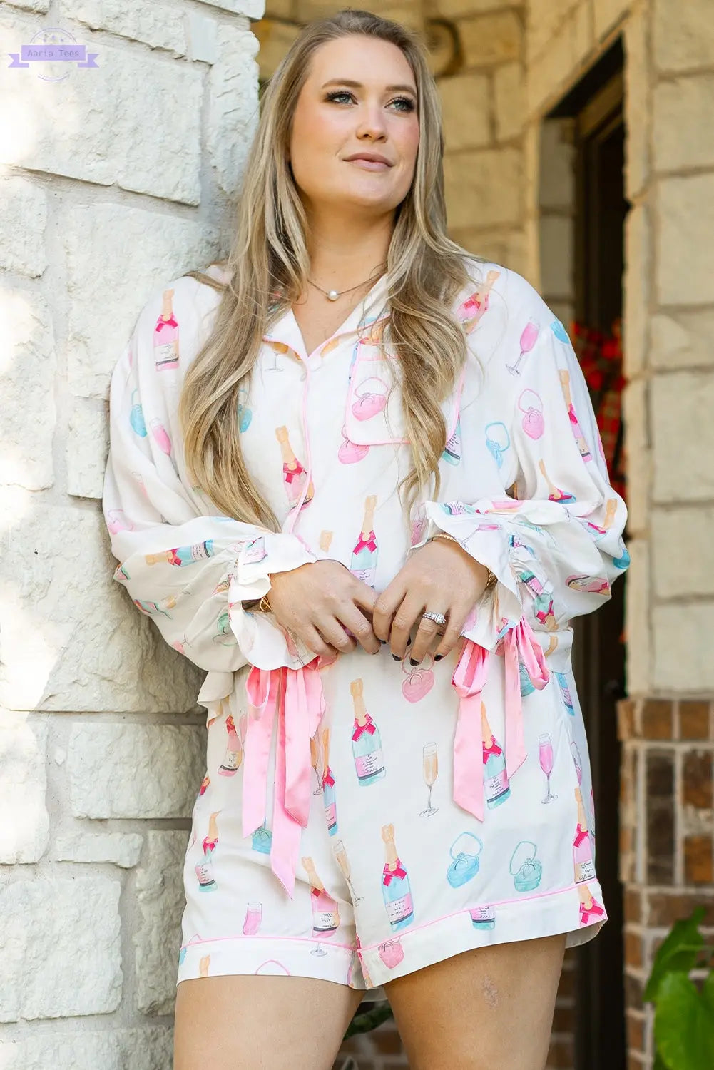 White Plus Size Wine Glass Print Bow Knot Pajama Set Aaria Tees Aaria Tees