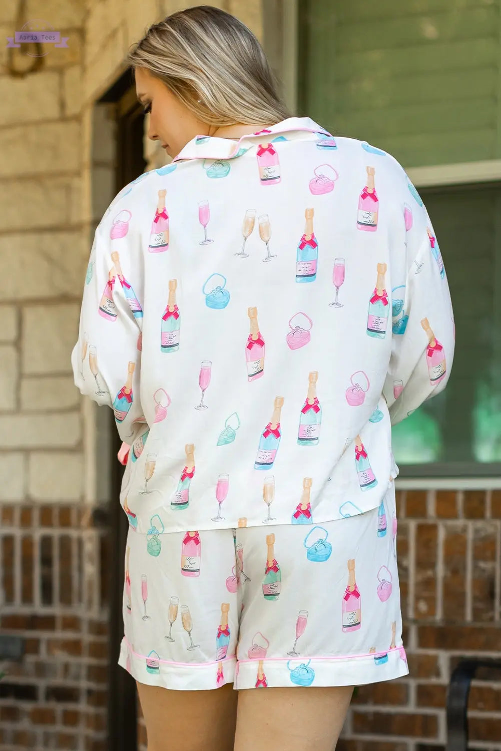 White Plus Size Wine Glass Print Bow Knot Pajama Set Aaria Tees Aaria Tees