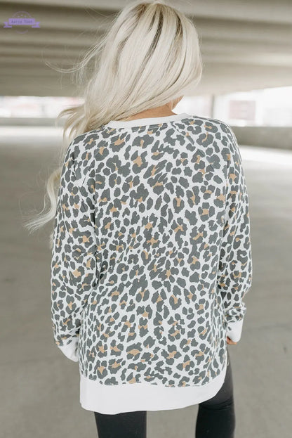 White Printed Solid Trim Leopard Print Top Aaria Tees
