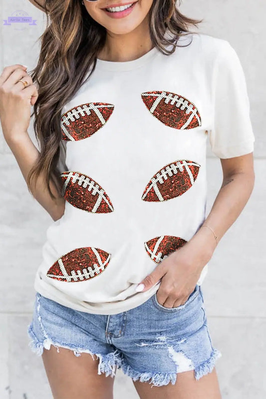 White Sequined Rugby Football Graphic Cotton T Shirt Aaria Tees