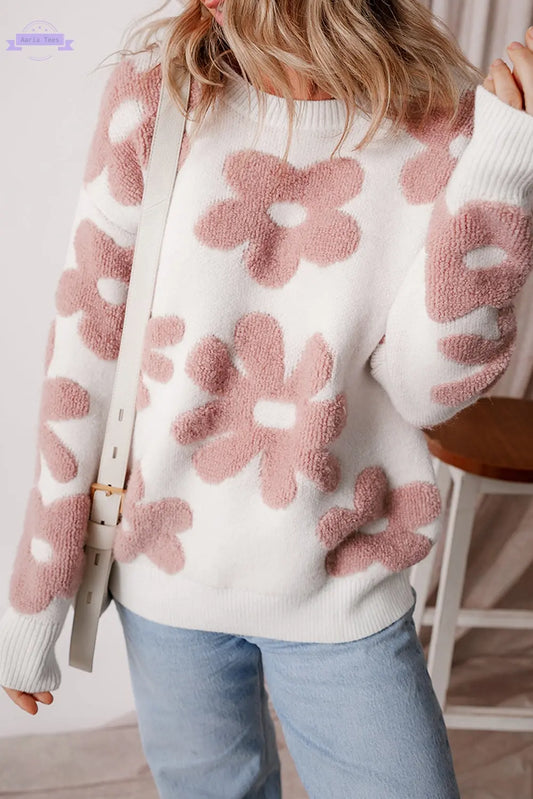 White Textured Flower Drop Shoulder Loose Sweater - Aaria Tees