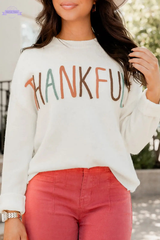 White Thankful Ivory Embroidered Sweater Aaria Tees