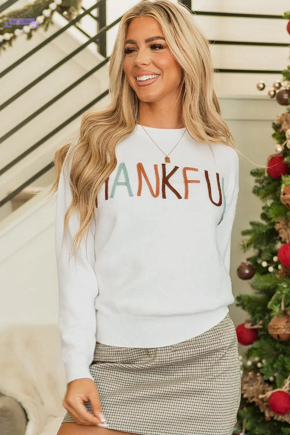 White Thankful Ivory Embroidered Sweater Aaria Tees