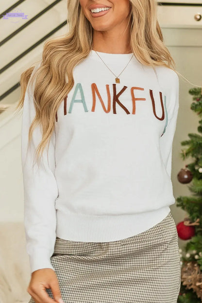 White Thankful Ivory Embroidered Sweater Aaria Tees