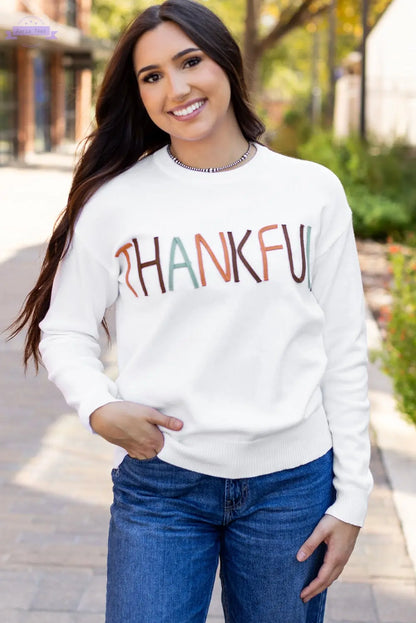 White Thankful Ivory Embroidered Sweater Aaria Tees