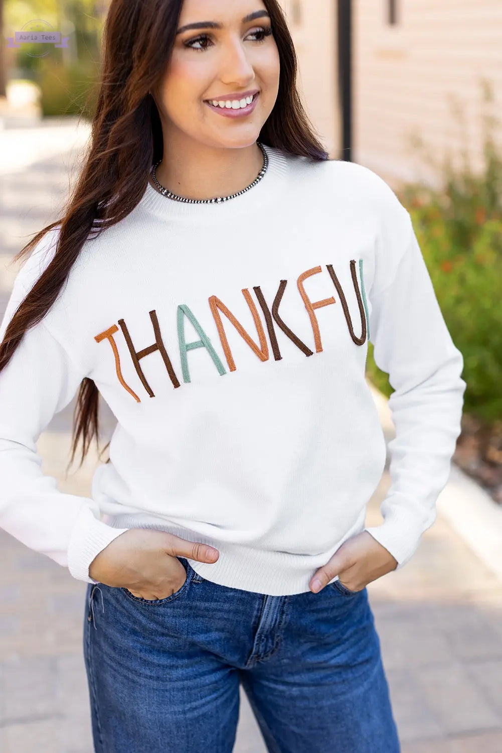 White Thankful Ivory Embroidered Sweater Aaria Tees