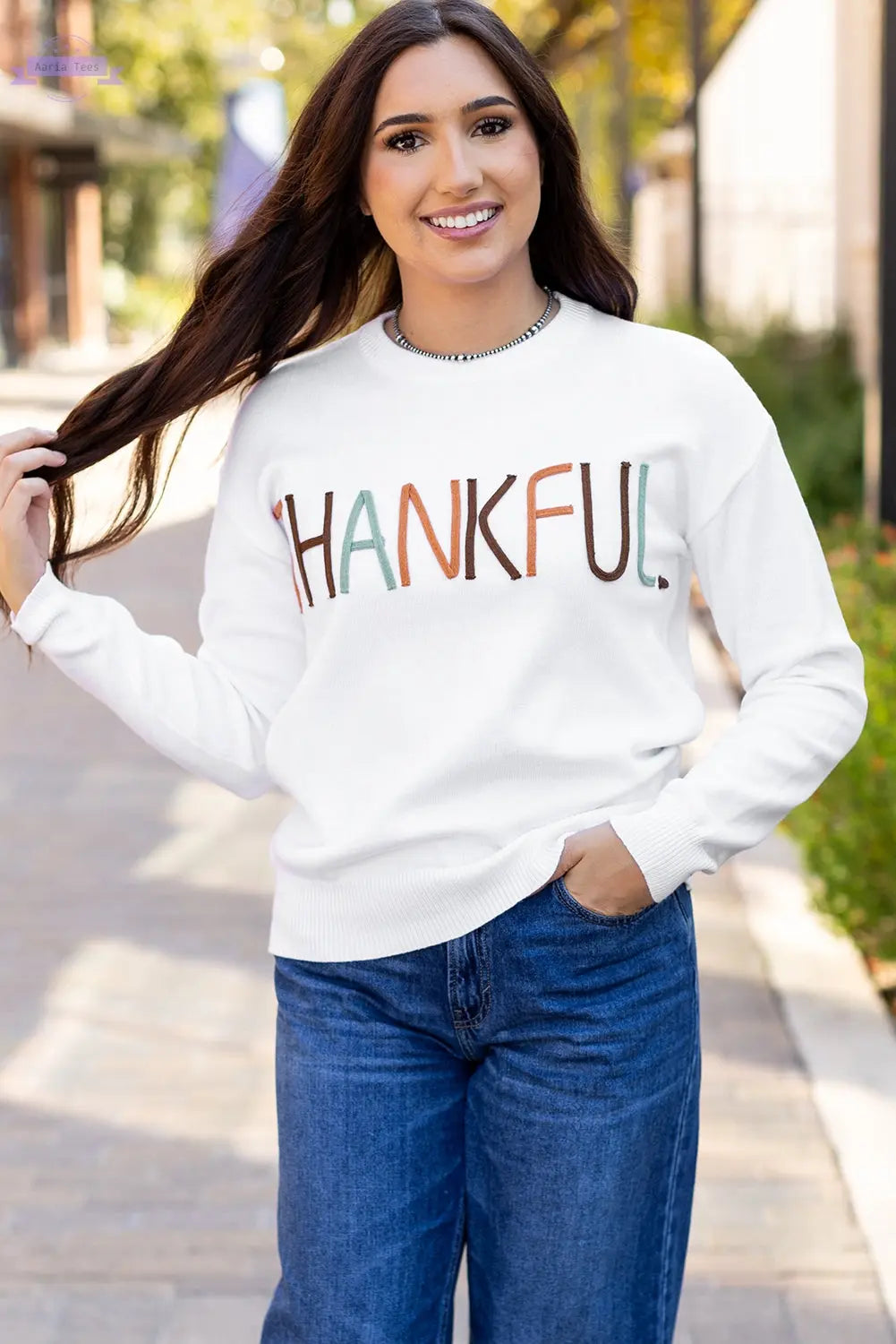 White Thankful Ivory Embroidered Sweater Aaria Tees