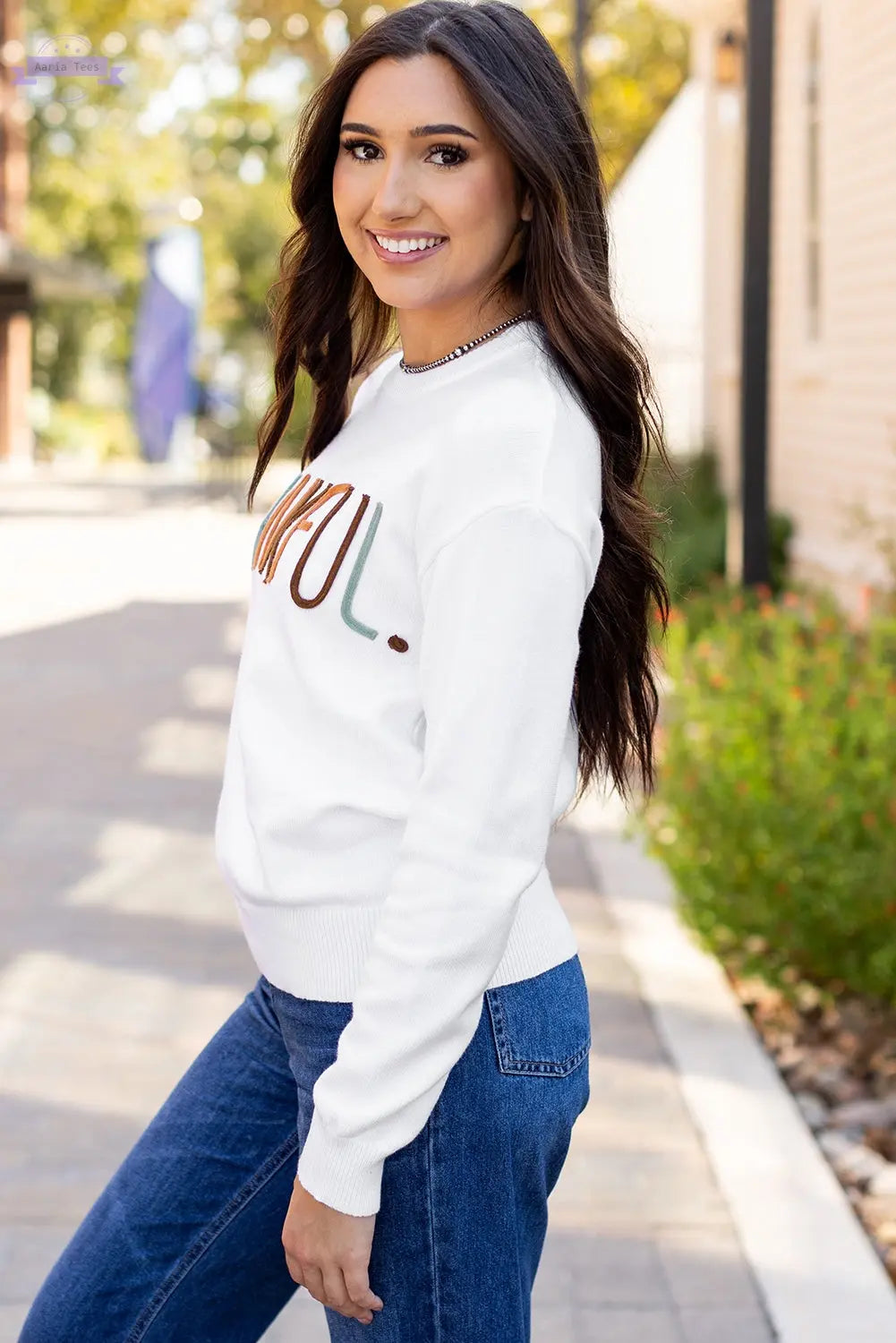 White Thankful Ivory Embroidered Sweater Aaria Tees