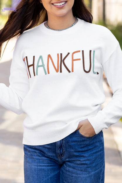 White Thankful Ivory Embroidered Sweater Aaria Tees