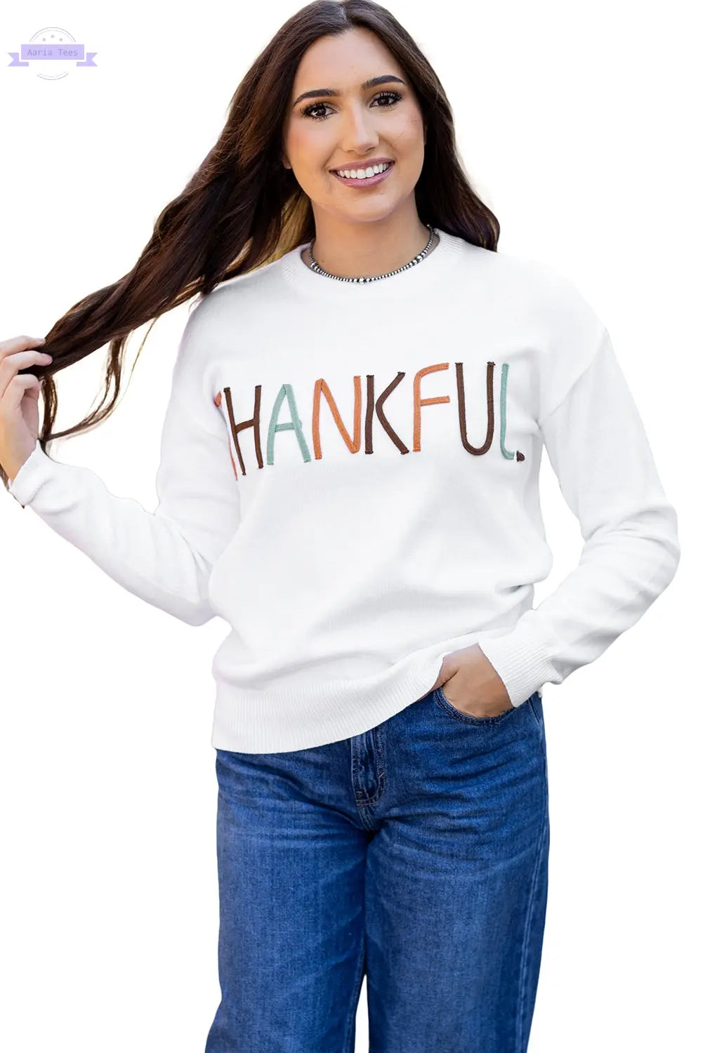 White Thankful Ivory Embroidered Sweater Aaria Tees