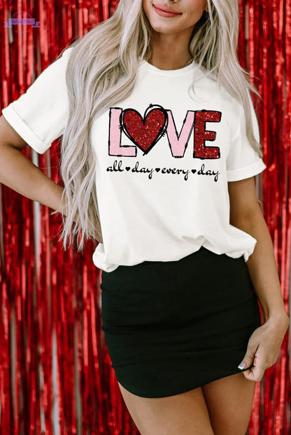 White Valentine LOVE Heart Shape Crew Neck Graphic Tee Aaria Tees