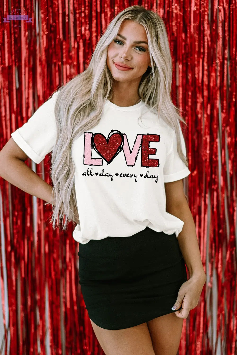 White Valentine LOVE Heart Shape Crew Neck Graphic Tee Aaria Tees