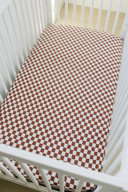 Rust Checkered Bamboo Ribbed Stretch Crib Sheet