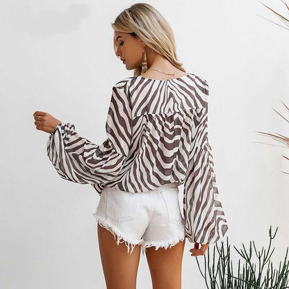 Zebra Printed Stripe Blouse Classic Lantern Sleeve Autumn Winter Clothing - Aaria Tees