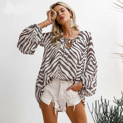 Zebra Printed Stripe Blouse Classic Lantern Sleeve Autumn Winter Clothing - Aaria Tees