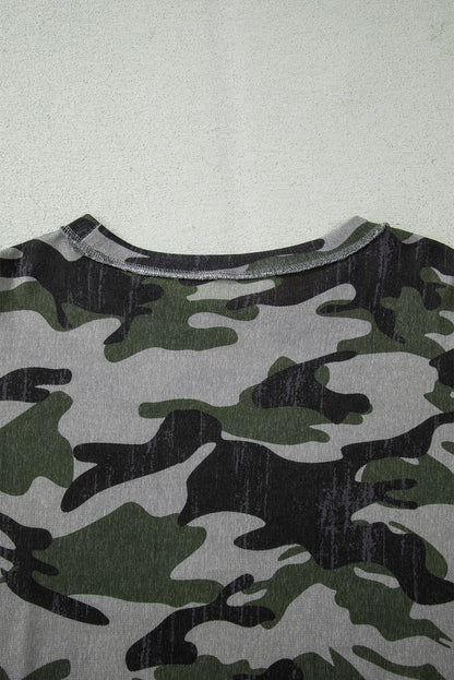 Green Retro Camouflage Print Exposed Seam Patchwork Drop Shoulder Sweatshirt