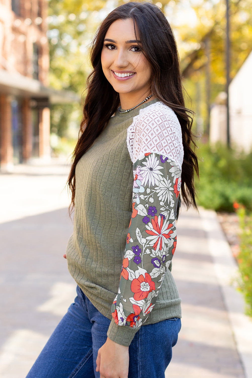 Black Floral Patchwork Long Sleeve Ribbed Blouse Aaria Tees