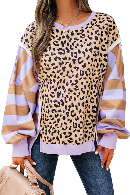 Purple Stripe Color Block Patchwork Leopard Casual Sweatshirt with Slits