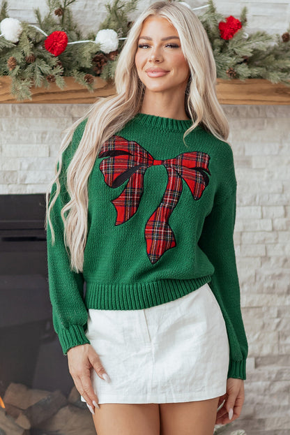 Plaid Bow Drop Shoulder Christmas Sweater