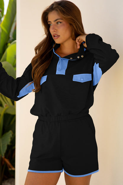 Black Color Block Patchwork Half Button Pullover and Shorts 2pcs Outfit