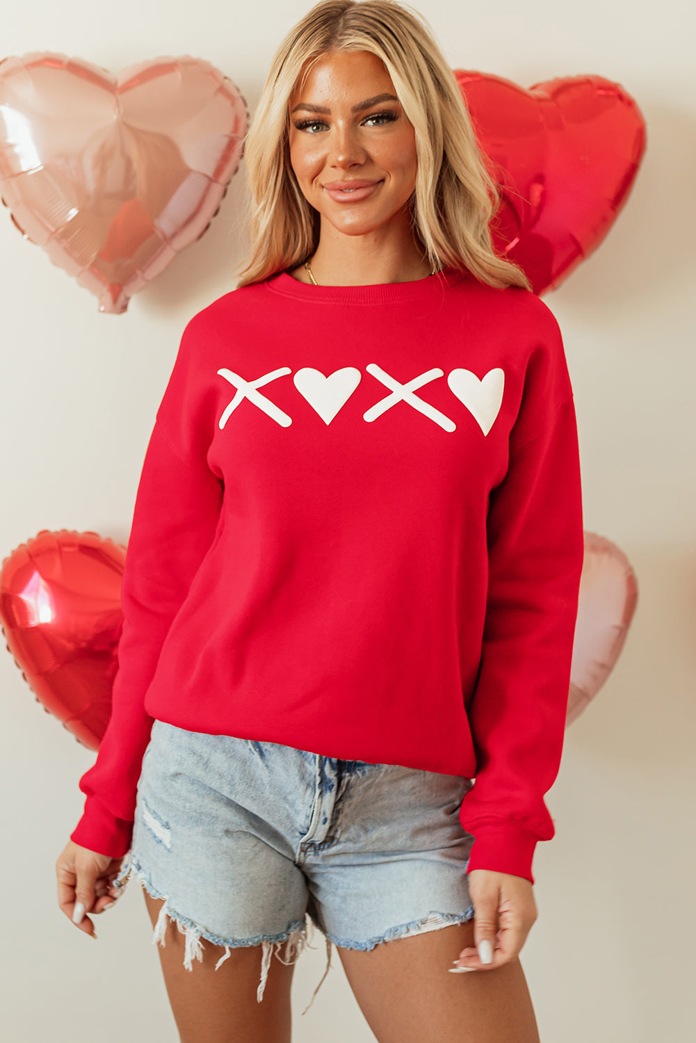 Red Puff XOXO Print Valentines Heart Sweatshirt - Aaria Tees